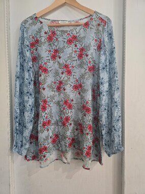 Sundance Floral Long Sleeve Blouse Light Blue Womens Large Bohemian Cottage